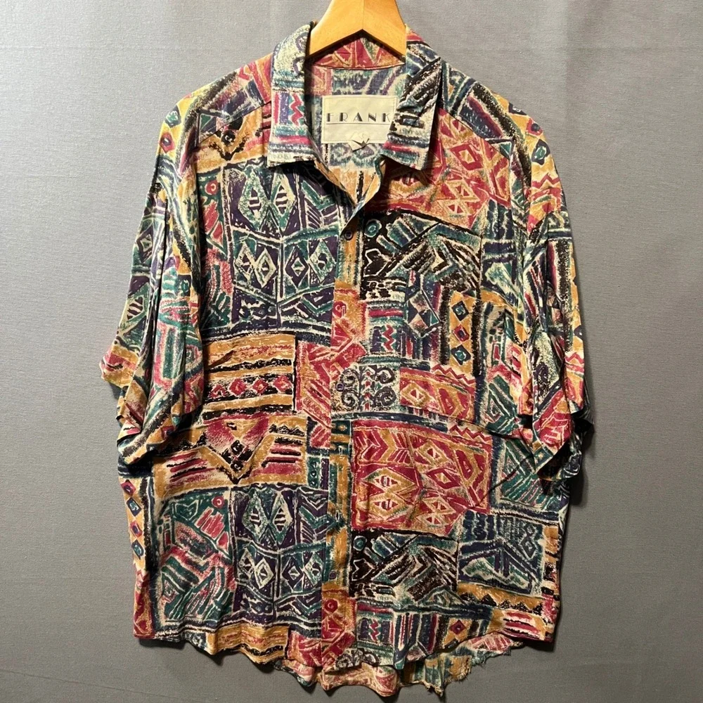 Vintage Abstract Geometric Print Button Down Shirt Mens XL Short Sleeve